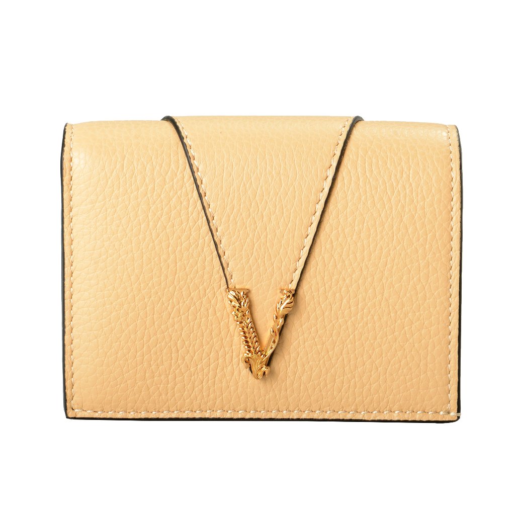 Versace Women's Gold V Logo Beige 100% Leather Card Case Compact Wallet